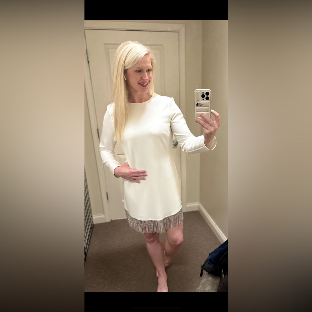 Gianni Bini Long Sleeve Rhinestone Fringe Hem Mini Dress | Size 10 | Ivory White